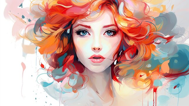 Beautiful woman face pop art drawing in watercolor. AI generated image