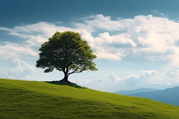 Fototapeta na wymiar Tranquil solitude. Green landscape with trees and sunny meadows. Nature serenity. Peaceful tree lined meadow under clear sky. Rural tranquility. Sunlit with verdant and fields