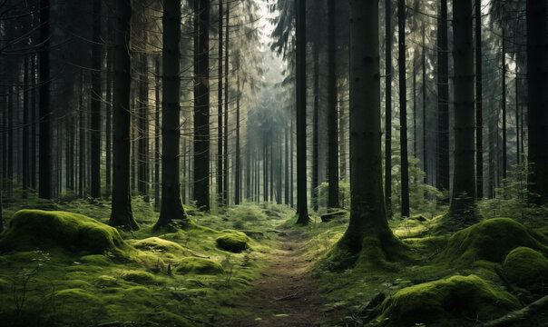 a detailed photo showing photo beautiful shot of a forest with tall green trees