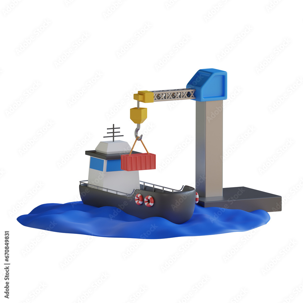 Poster 3d harbor crane model with strong lifting mechanism details. remote control details. 3d illustration