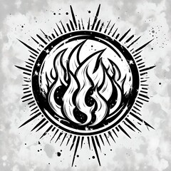 A vector style illustration of a grunge flames logo in black and white
