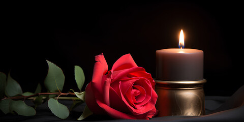 a candle and a rose on a black background, advertising banner, web banner, Place for your text, copy space, empty space, Generative AI