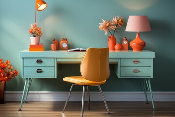 Pastel turquoise office desk with a pastel orange chair, infusing energy and vibrancy into the workspace, Generative AI