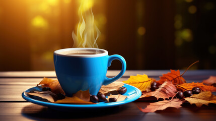 A cup of coffee on a wooden table with fall leaves.