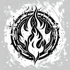 A vector style illustration of a grunge flames logo in black and white