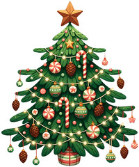Obraz na płótnie Canvas Cute cartoon classic decorated Christmas tree - isolated watercolor clipart