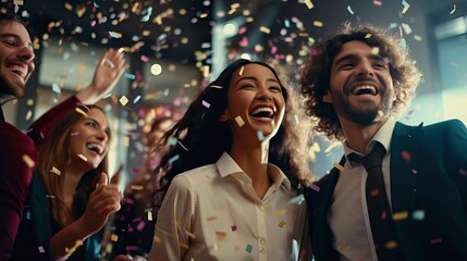 Group of beautiful young people throwing colorful confetti while dancing and looking happy