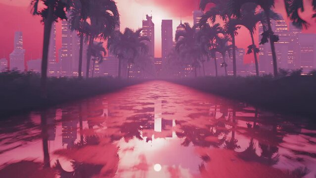 Looped animation of a flight along wet asphalt in retro style at sunset