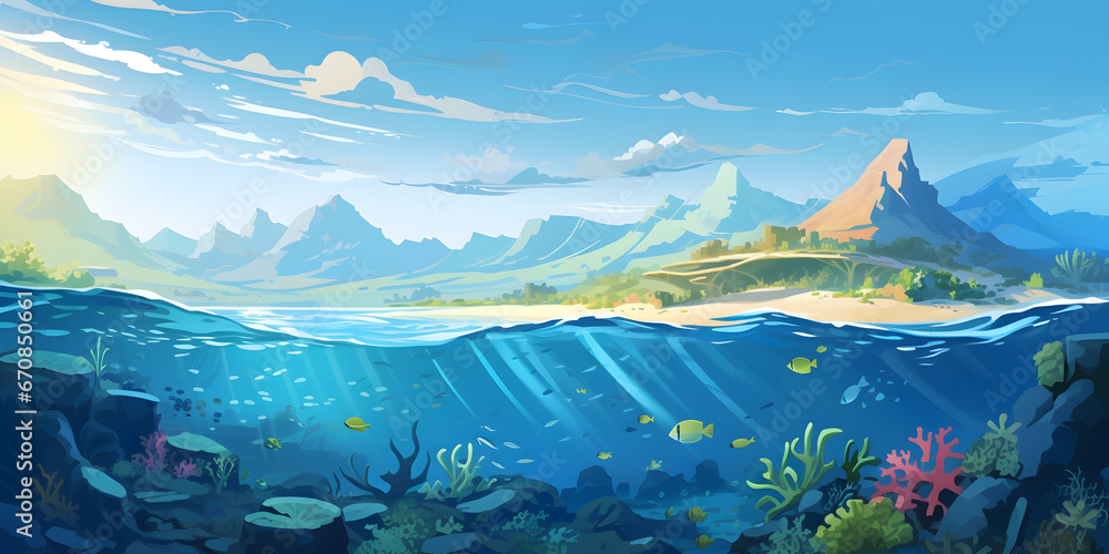 Wall mural Nature Sea landscape illustration background - Wall murals