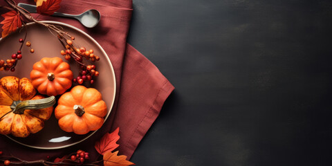 Thanksgiving card mockup with plate, pumpkins on dark grunge table, top view