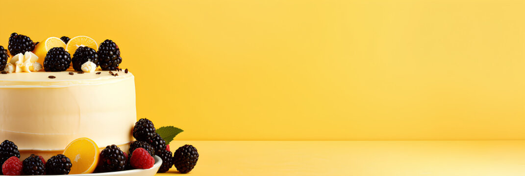 Birthday cake with pouring chocolate and strawberry on a yellow background, advertising banner, web banner, Place for your text, copy space, empty space, Generative AI