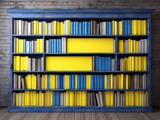 Brick wall and bookshelf. Books with yellow and blue covers. Library.