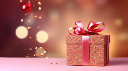 Fototapeta premium Red gift box with a red bow on pink background