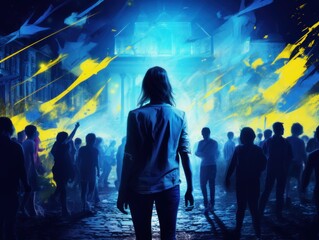 Nightlife of young people. Blue and yellow. Paint.