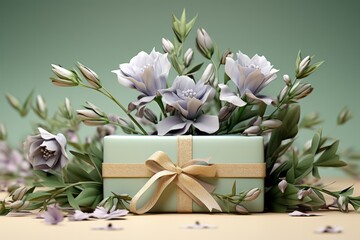 Pastel lavender cardboard box with a pastel green floral design, celebrating nature and sustainability, Generative AI