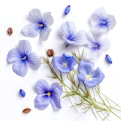 Closeup of flax seed and flax blossoms on a white backdrop.Generative Ai.