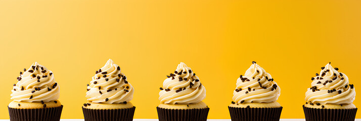 Cupcakes with cream on a yellow background, advertising banner, web banner, Place for your text, copy space, empty space, Generative AI