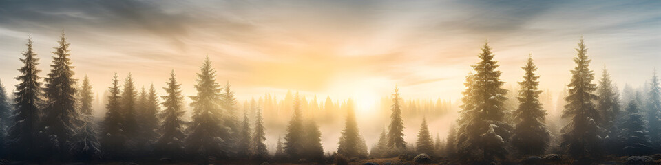 sunlight behind spruce forest background