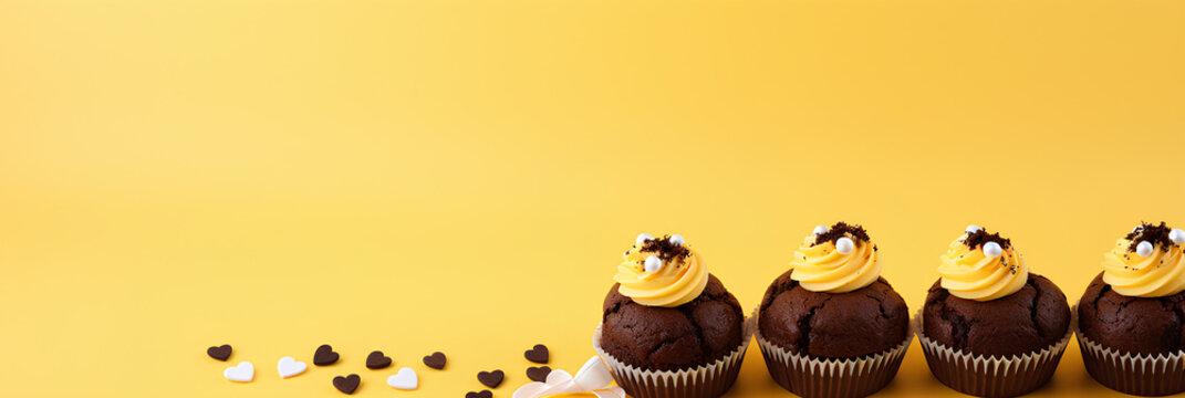 Cupcakes with cream on a yellow background, advertising banner, web banner, Place for your text, copy space, empty space, Generative AI