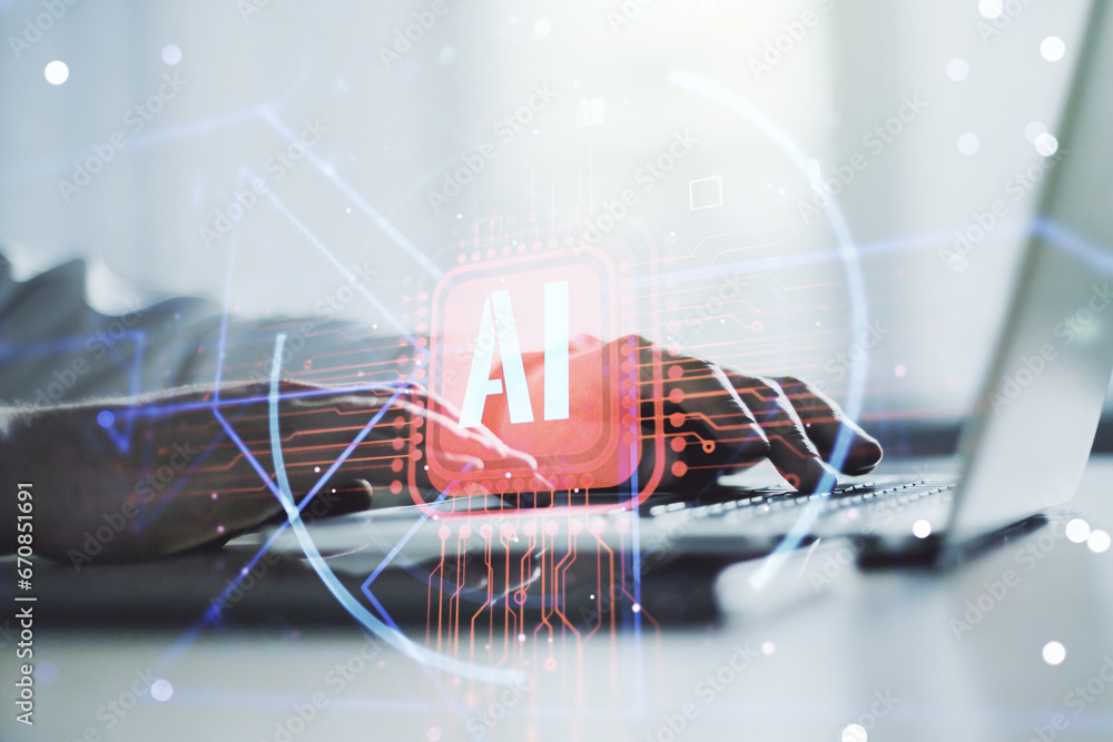 Poster double exposure of creative artificial intelligence abbreviation with hand typing on computer keyboa