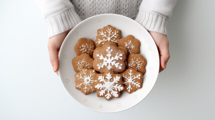 Close up of a person holding a plate of Christmas cookies - obrazy, fototapety, plakaty