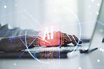 Double exposure of creative artificial Intelligence abbreviation with hand typing on computer keyboard on background. Future technology and AI concept - obrazy, fototapety, plakaty