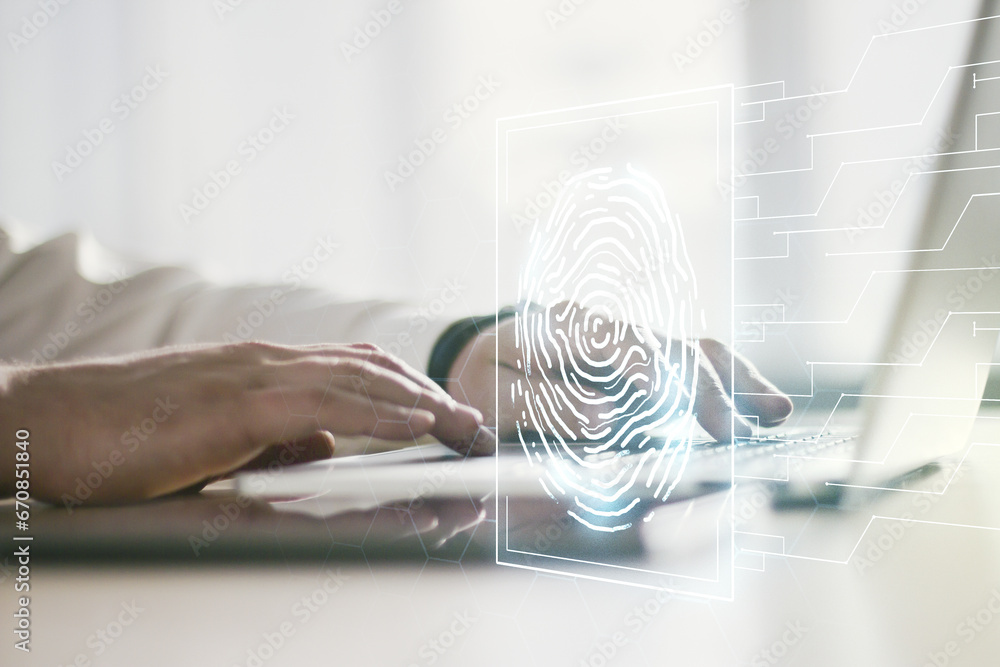 Poster double exposure of abstract creative fingerprint hologram with hands typing on laptop on background,