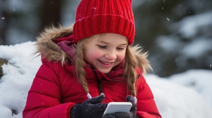 A happy little girl in a Santa hat holds a smartphone in her hands