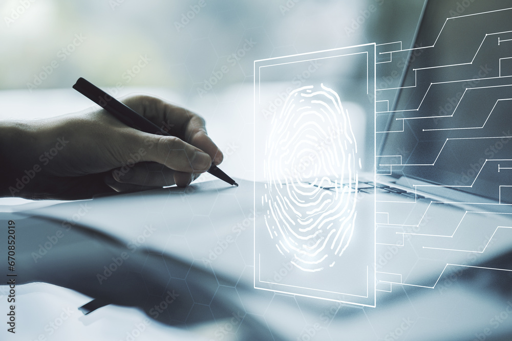 Poster Double exposure of abstract creative fingerprint hologram with hand writing in notebook on background with laptop, research and development concept