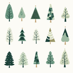 Fototapeta premium Christmas tree boho Christmas Hand drawn Christmas trees vector pattern . Green fir trees. Winter holiday flat illustration