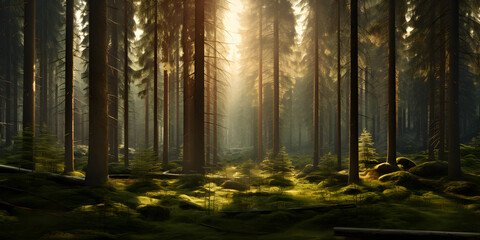 sunlight behind spruce forest background