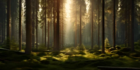 Fotobehang sunlight behind spruce forest background © AhmadSoleh