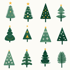 Winter holiday flat illustration Christmas tree boho Christmas Hand drawn Christmas trees vector pattern . Green fir trees