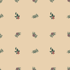 Seamless pattern with leaves and Christmas tree branch