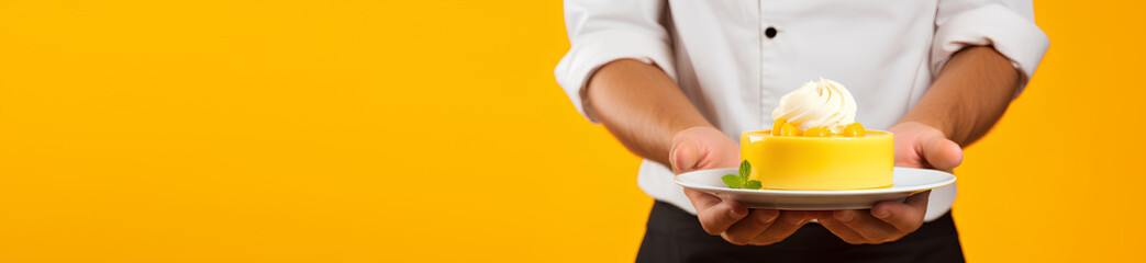 Happy professional confectioner in uniform holding delicious cake on a yellow background, advertising banner, web banner, Place for your text, copy space, empty space, Generative AI