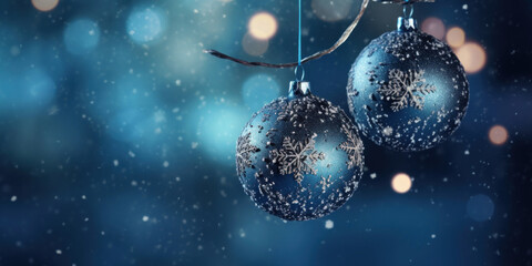 Fototapeta na wymiar Blue Christmas balls on blurred blue background