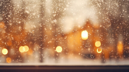 Fototapeta na wymiar Window from inside with falling snowflakes and a Christmas bokeh background
