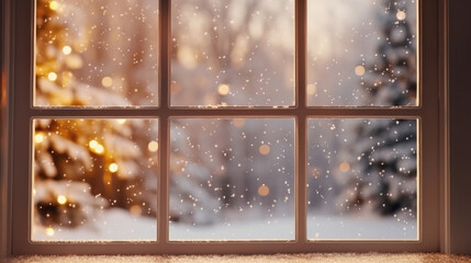 Window from inside with falling snowflakes and a Christmas bokeh background