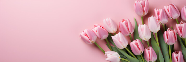 pink tulips on pink background, advertising banner, web banner, Place for your text, copy space, empty space, Generative AI