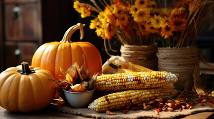 Pumpkin and corn, Thanksgiving background