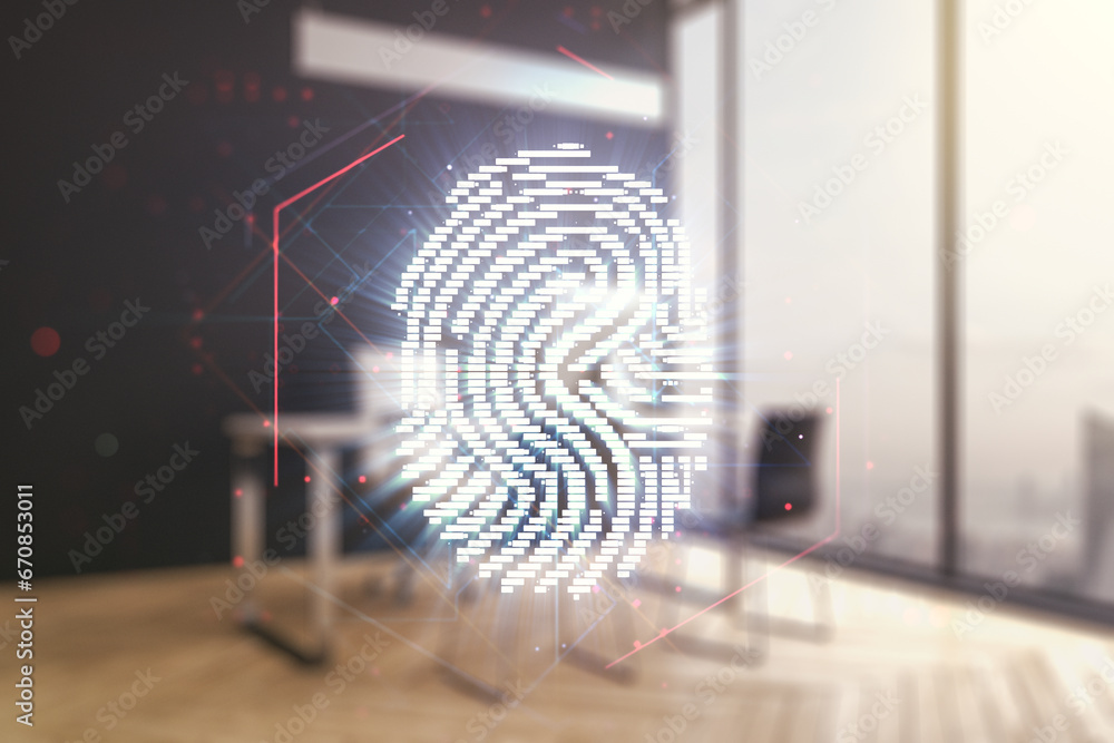 Poster abstract creative fingerprint illustration and modern desktop with pc on background, personal biomet