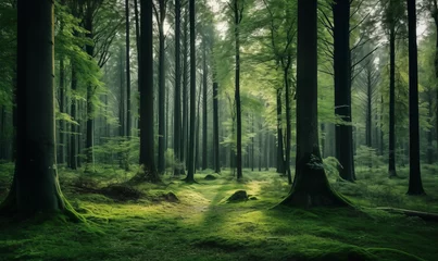 Fotobehang a detailed photo showing photo beautiful shot of a forest with tall green trees © Natali