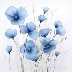 Flowers in flax blue on a white background. Generative Ai.