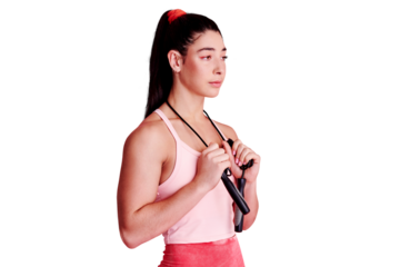 Thinking, rope and woman with fitness, exercise and girl isolated against a transparent background. Female person, athlete and model with ideas, performance and workout goals with png and endurance