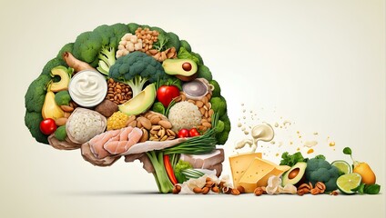 a brain composed of a variety of nutritious foods, including fruits, vegetables, nuts, and grains, balanced diet for brain health.
