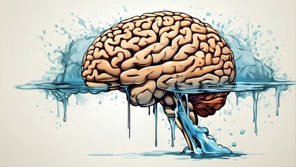 an illustration of a brain with blue liquid dripping from it