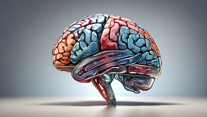 3D rendering of a brain, which is colorful with blue, red, and pink sections, and has a gray square censoring the lower right portion of the image. - obrazy, fototapety, plakaty