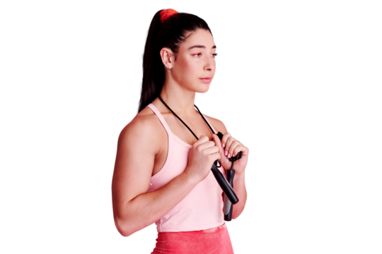 Thinking, rope and woman with fitness, exercise and girl isolated against a transparent background. Female person, athlete and model with ideas, performance and workout goals with png and endurance - Powered by Adobe