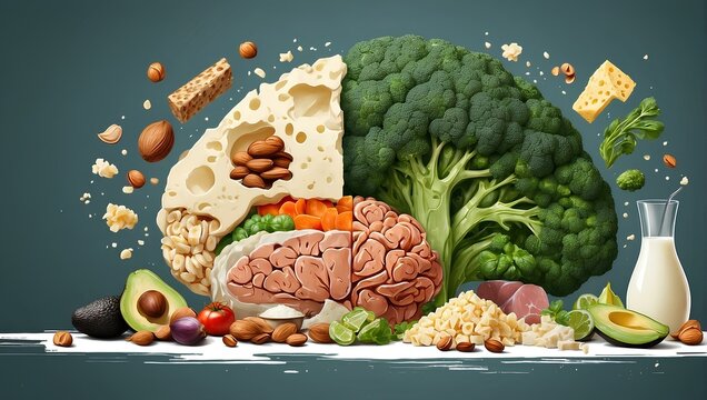 An illustration of a brain composed of various types of food, including vegetables, nuts, and dairy products, set against a dark background
