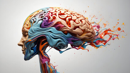 a digital art representation of a brain, embellished with colorful paint splatters and drips against a white background, symbolizing the abstract and surreal nature of neuroscience.
